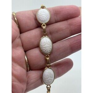 Vintage Egyptian Revival White Scarab Bracelet Gold Tone Carved Cabochons 7.5"
